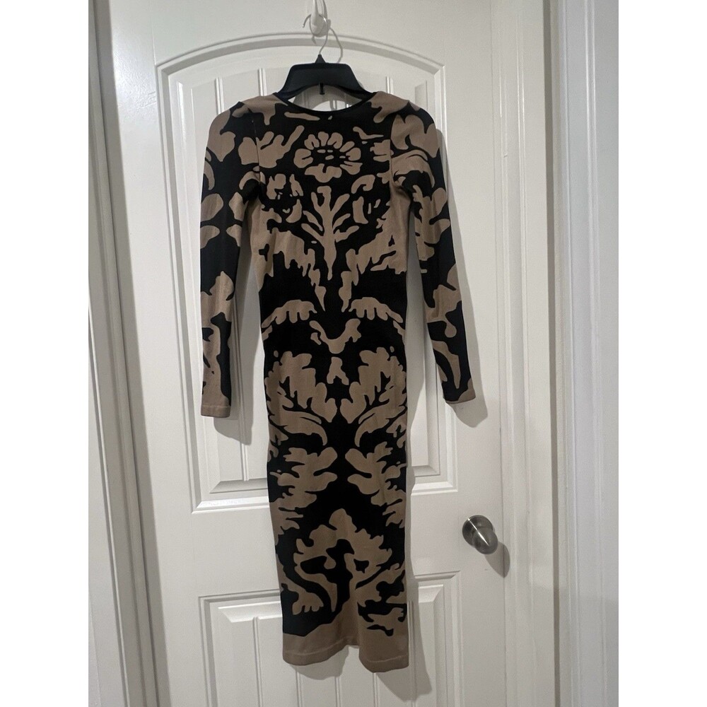 ANWND Women’s Bodycon Knit Midi Dress Tan/ Black Abstract Print Long Sleeve S/M